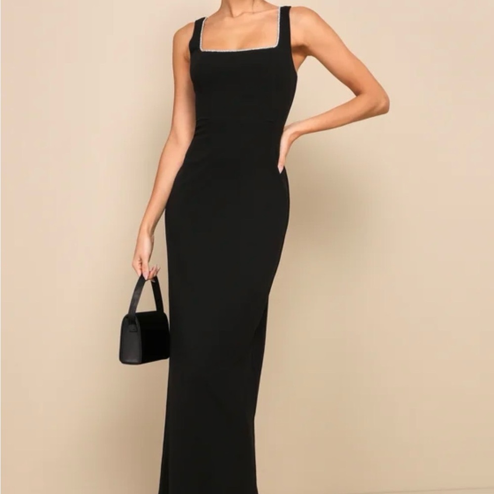 Lulus Timeless Poise Black Rhinestone Square Neck Backless Maxi Dress